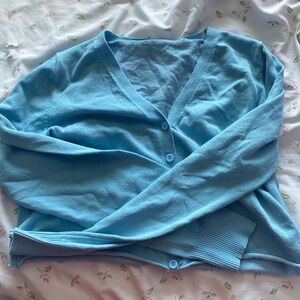 Blue cardigan barley worn